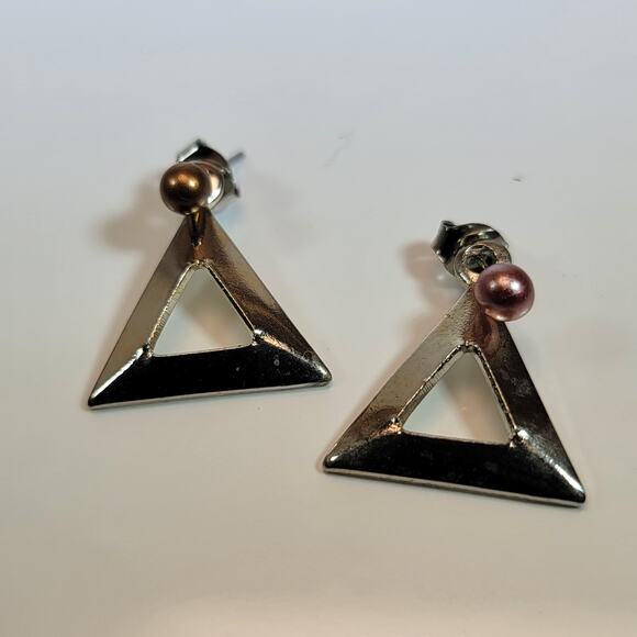 Geometric Silver Triangle Earrings with Pink and Gold Pearls, Modern Minimalist - Picture 2 of 10